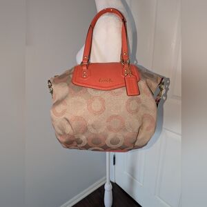 Coach Ashley Dotted Op Art Beige & Coral Satchel Detachable Shoulder Strap